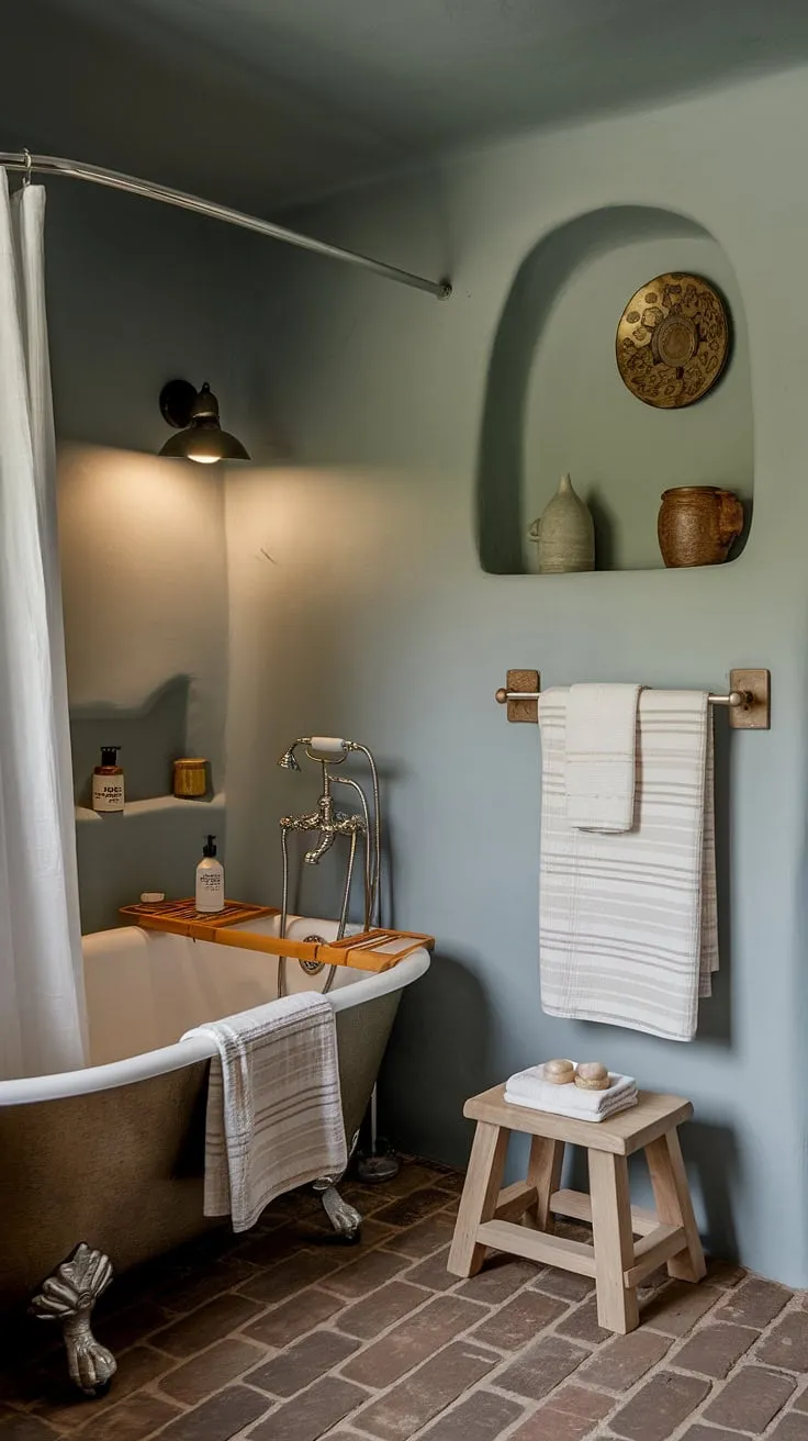 Warm lighting and soft blue walls create a cozy cottage bathroom haven featuring a freestanding tub, wooden accents, and brick flooring.