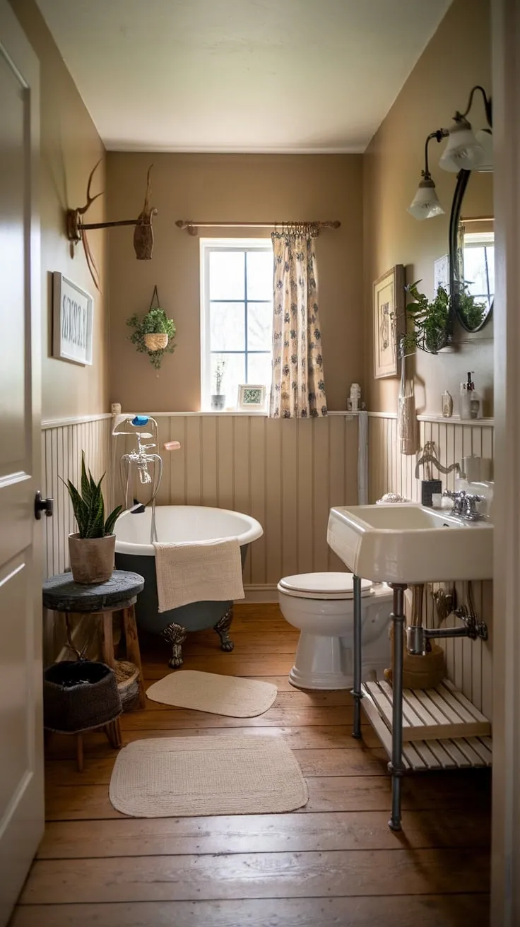 A charming, earthy cottage bathroom evokes a calm country atmosphere with its vintage tub and beige walls.