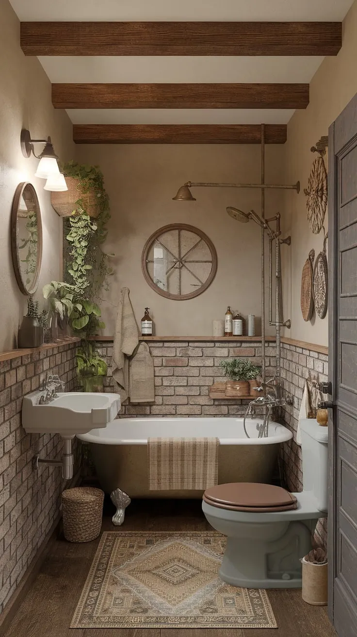 Rustic charm fills this small cottage bathroom, its earthy tones and vintage fixtures creating a calm, cozy atmosphere.