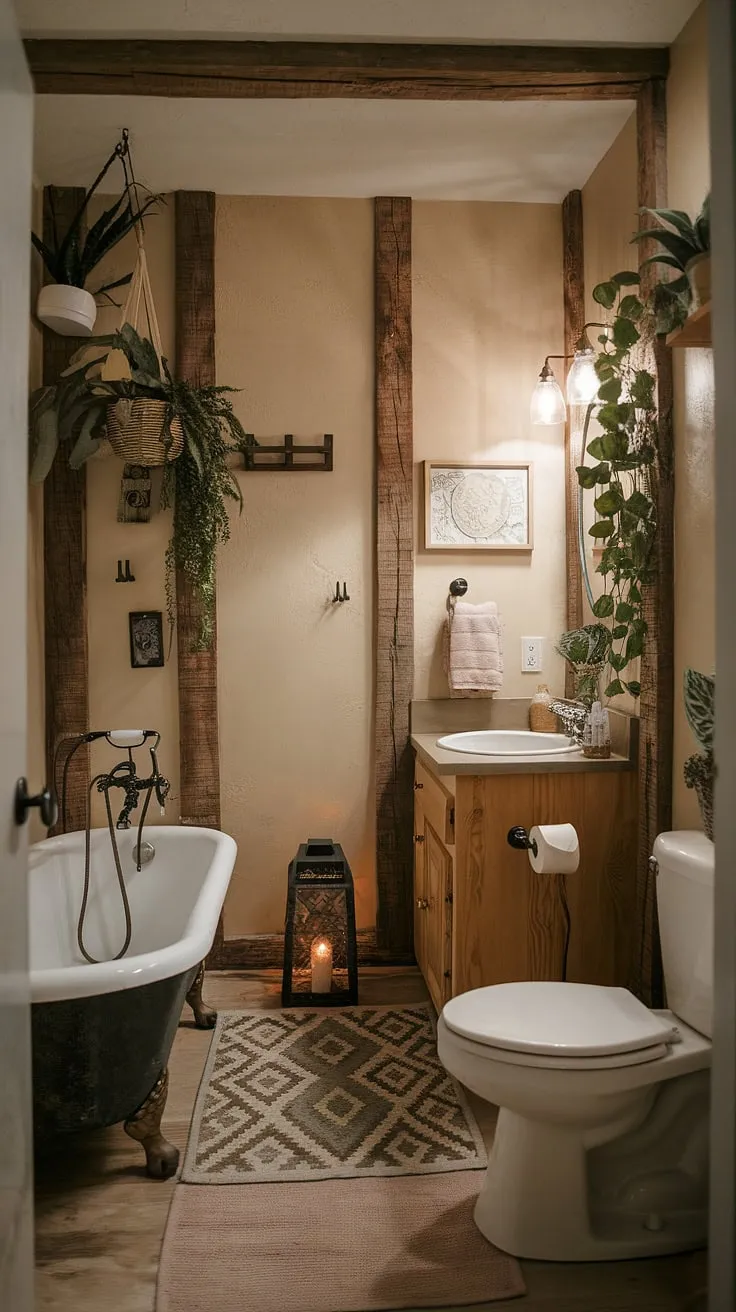 A cozy cottage bathroom evokes tranquility with its wooden beams, plants, and vintage fixtures.