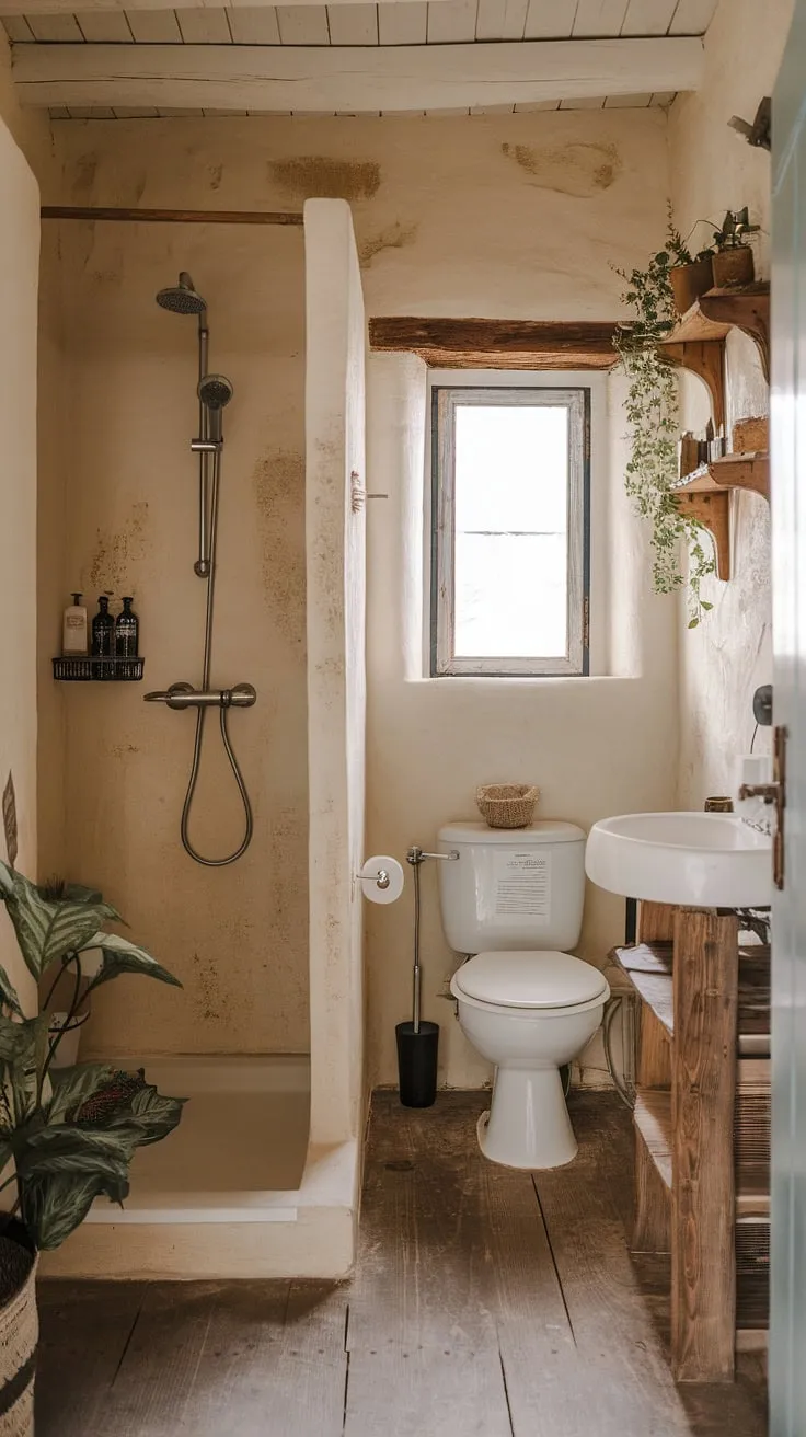Earthy stone walls and worn wood floors create a calm, small cottage bathroom sanctuary