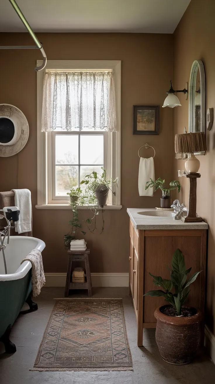 Earthy tones, vintage charm, and potted plants create a tranquil cottage bathroom retreat