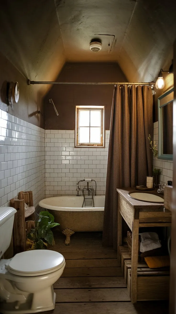 Rustic charm fills a small cottage bathroom, featuring a clawfoot tub, wooden shower curtain, and worn wooden floors.