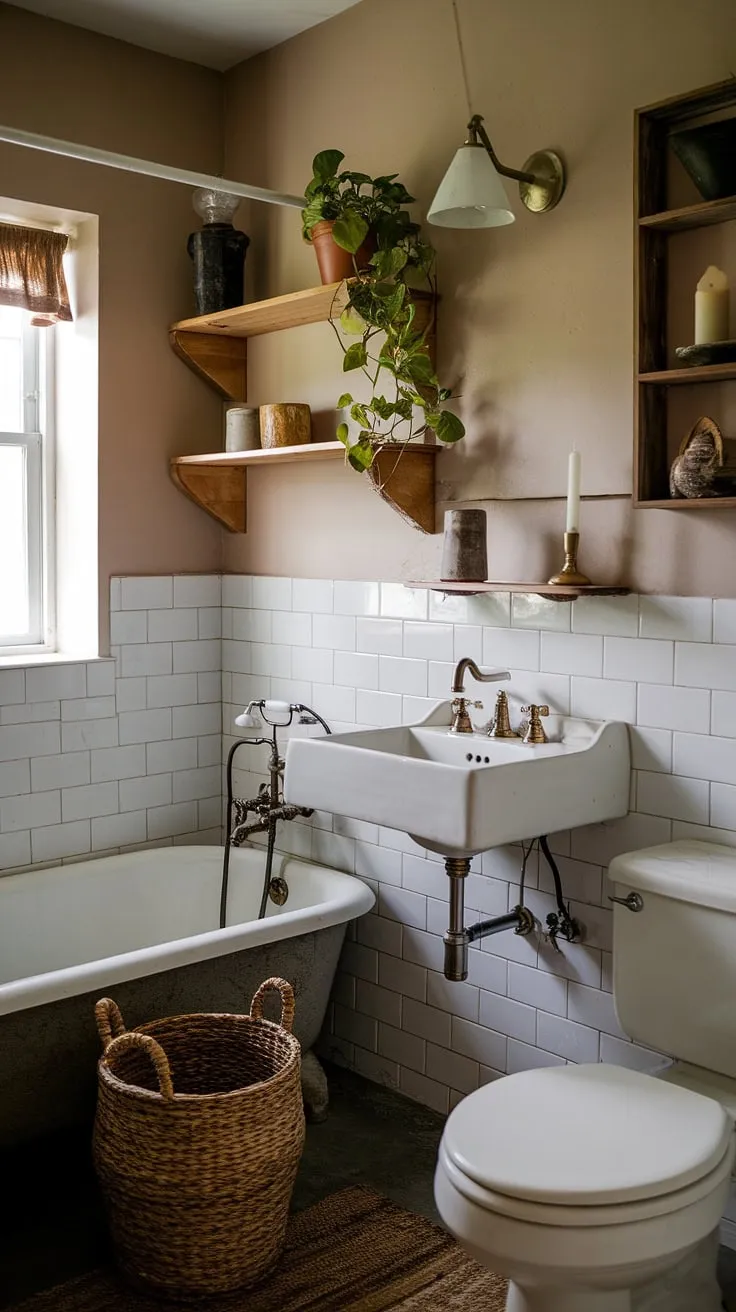 Earthy charm fills a farmhouse bathroom with vintage details and cozy cottage style