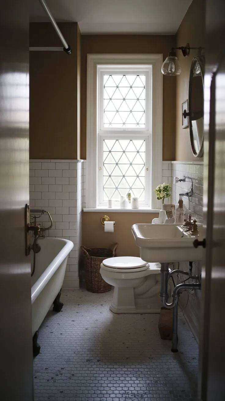 A quaint farmhouse bathroom boasts a vintage aesthetic, featuring hexagonal tiles and a charmingly dim atmosphere.