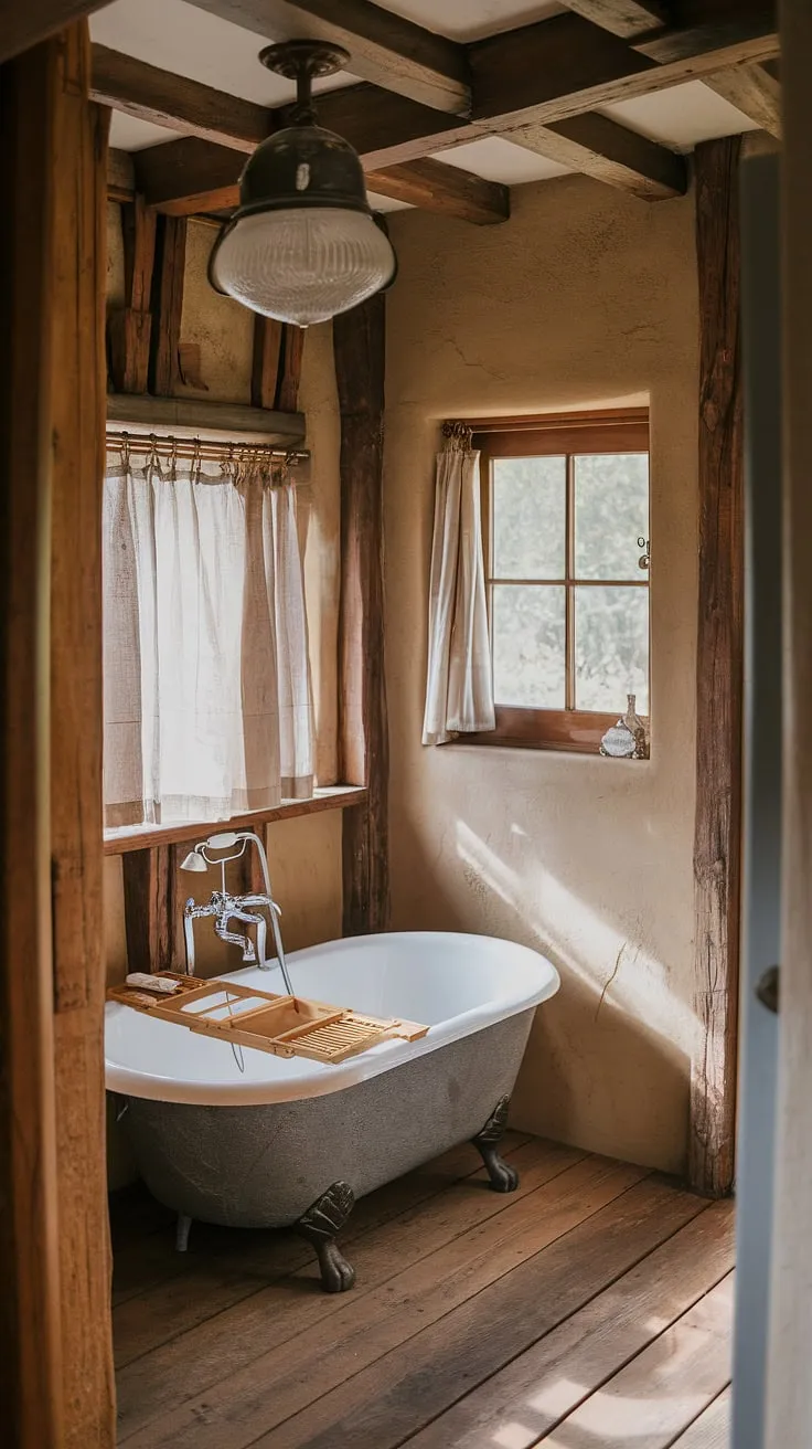 Rustic charm fills a cottage bathroom featuring a farmhouse tub, wooden beams, and natural light.