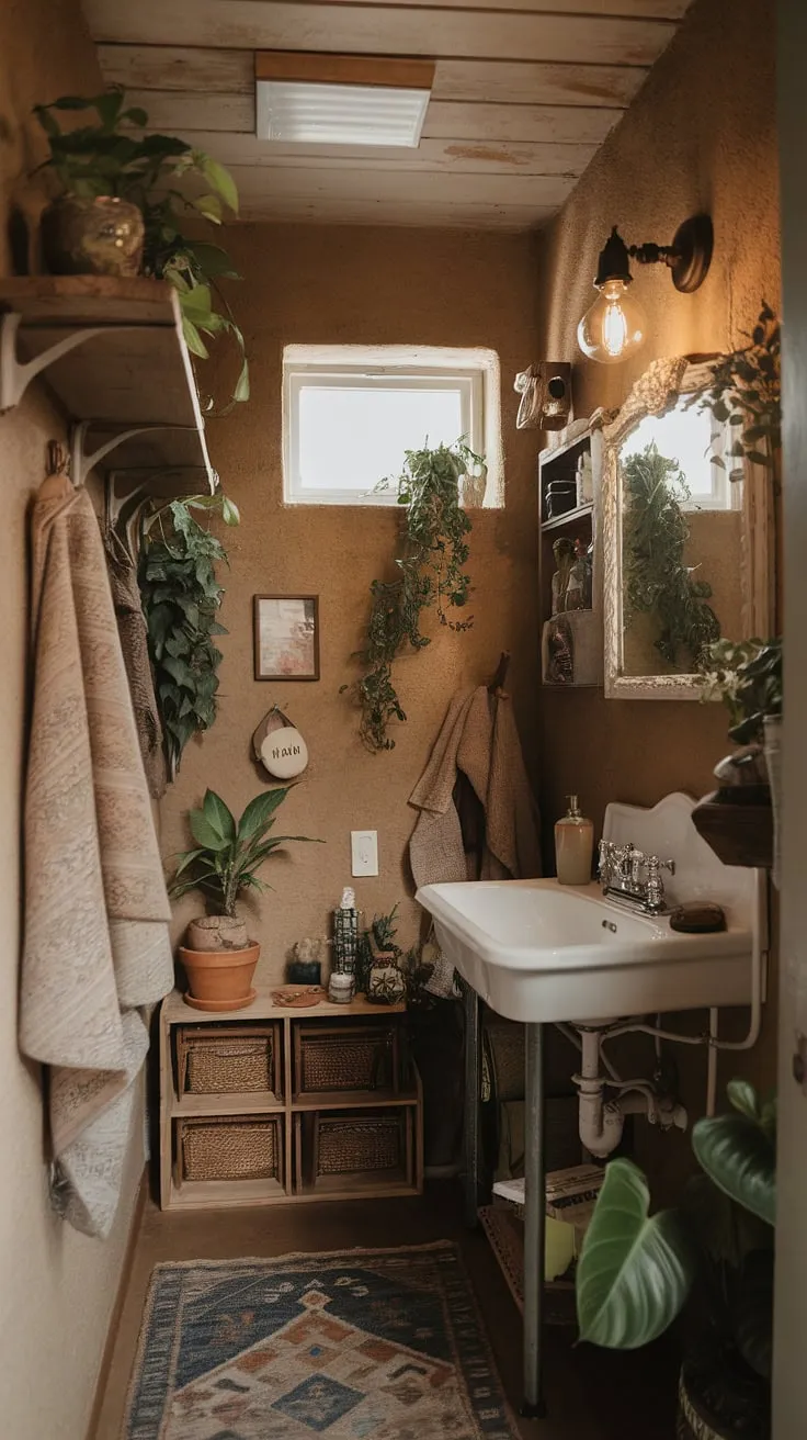 Earthy charm fills this cottage bathroom, where natural light and personal touches create a cozy retreat.