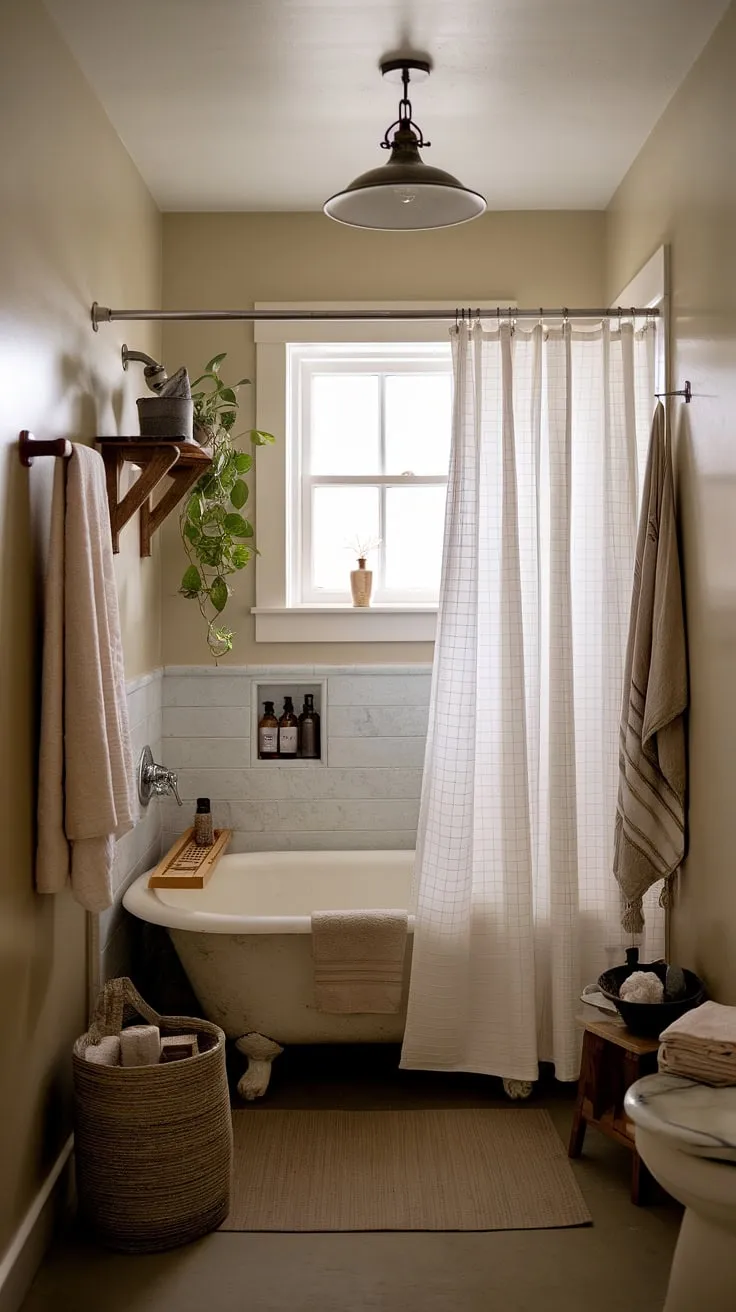 Earthy tones and vintage charm create a serene cottage bathroom sanctuary