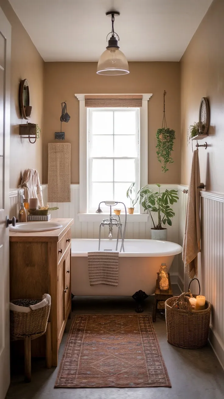 Earthy tones and vintage charm create a serene cottage bathroom sanctuary