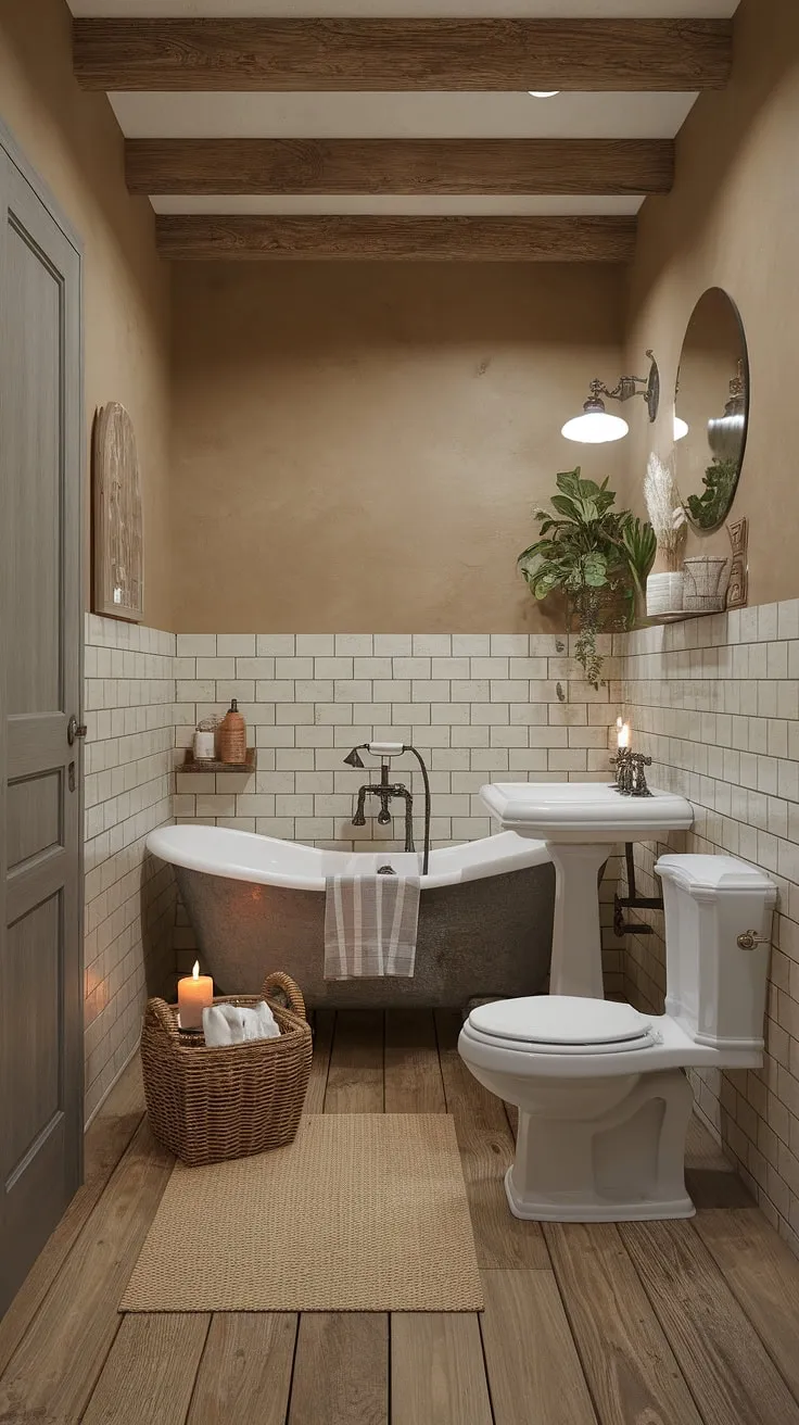 Rustic charm fills this cozy cottage bathroom, its vintage tub and wooden floors creating a calm, earthy retreat.