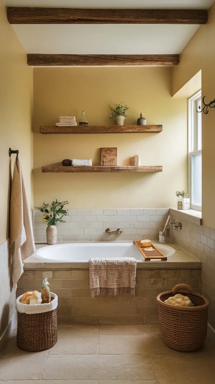 A cozy yellow-walled cottage bathroom boasts a small white tub and natural light, creating a relaxing atmosphere.