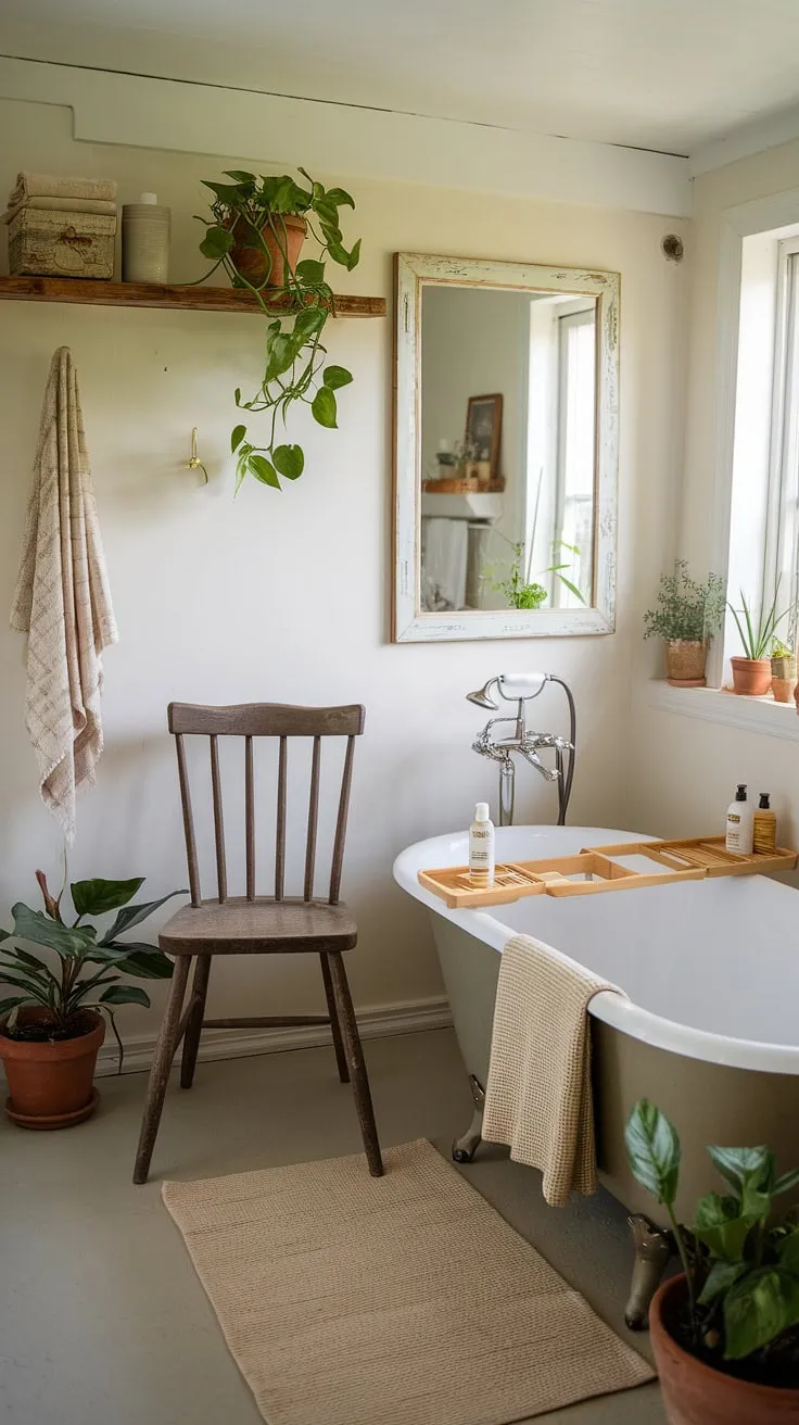 A charming cottage bathroom, small yet serene, features a freestanding tub, rustic wood accents, and potted plants creating a calming farmhouse atmosphere.
