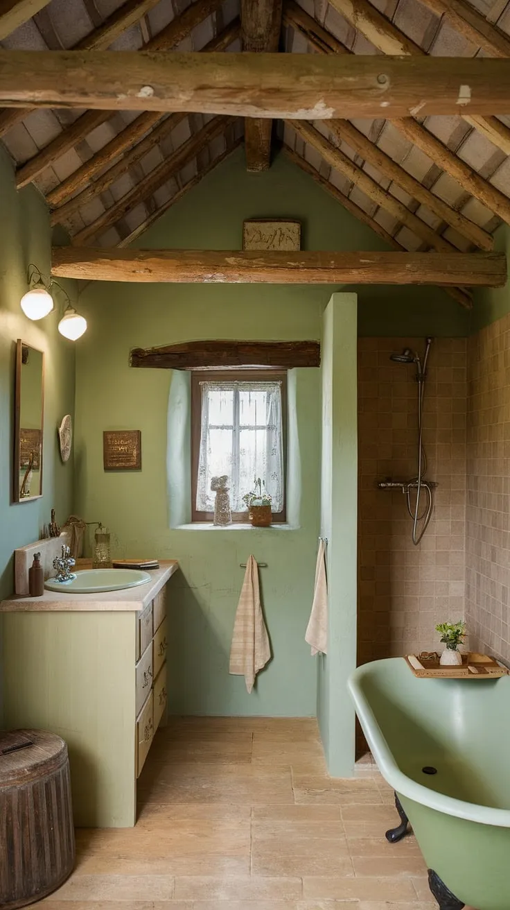 A cozy, country-style bathroom evokes tranquility with its wooden beams and vintage tub.