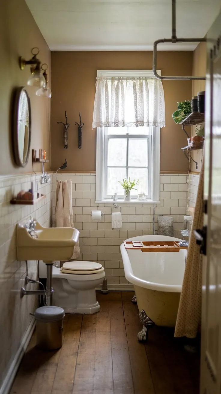 A small cottage bathroom exudes warmth through its earthy decor and vintage fixtures.