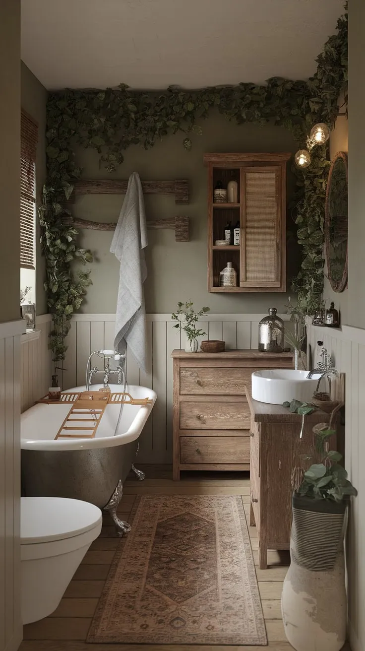 A charming small bathroom, featuring a clawfoot tub and vintage sink, exudes earthy coziness with its farmhouse design and calming atmosphere