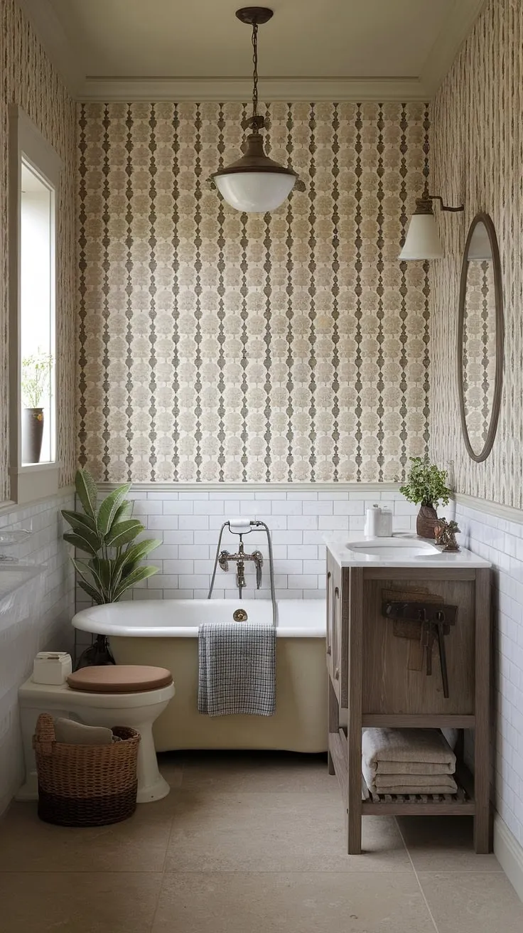 Rustic charm fills a small cottage bathroom, featuring a white tub, wooden vanity, and earthy wallpaper.