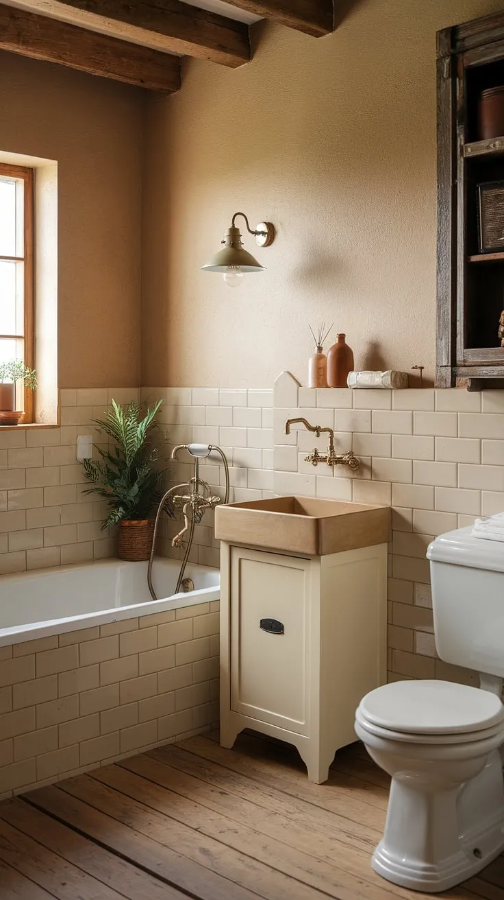 A cozy cottage bathroom boasts a vintage aesthetic with warm colors and wooden floors.