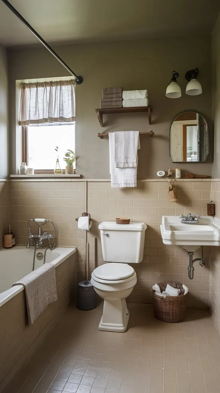 Earthy beige tiles and vintage fixtures create a tranquil cottage bathroom retreat