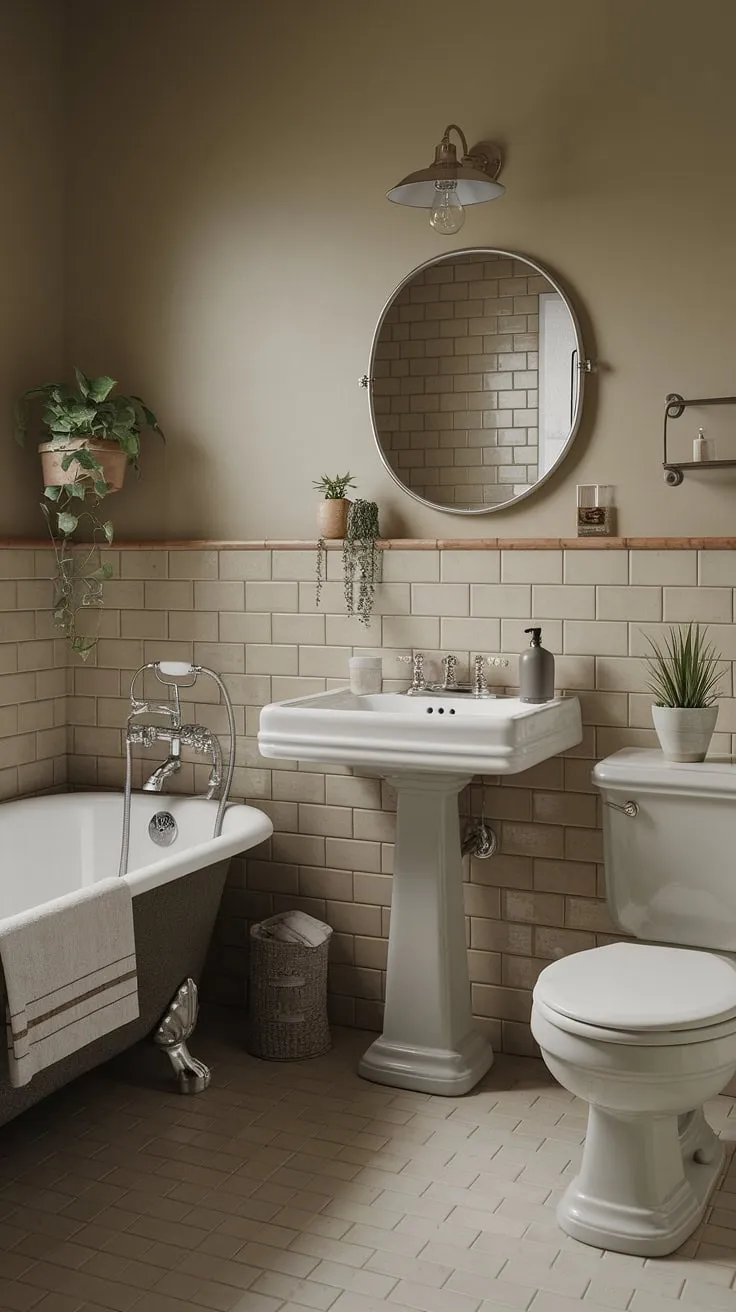 Earthy beige tiles and vintage fixtures create a calm and cozy atmosphere in this petite cottage bathroom.