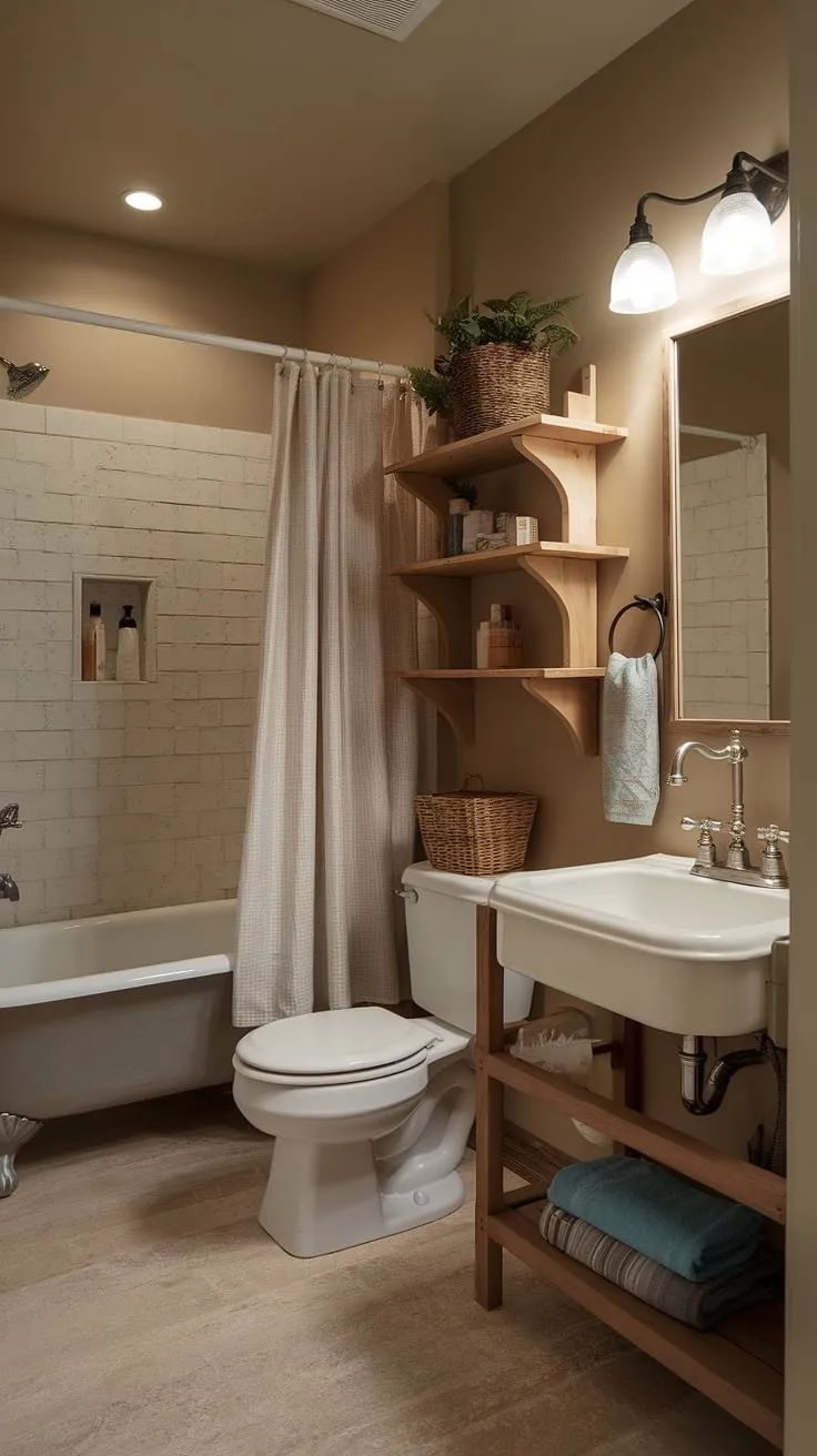 Earthy tones and vintage charm create a cozy farmhouse bathroom retreat