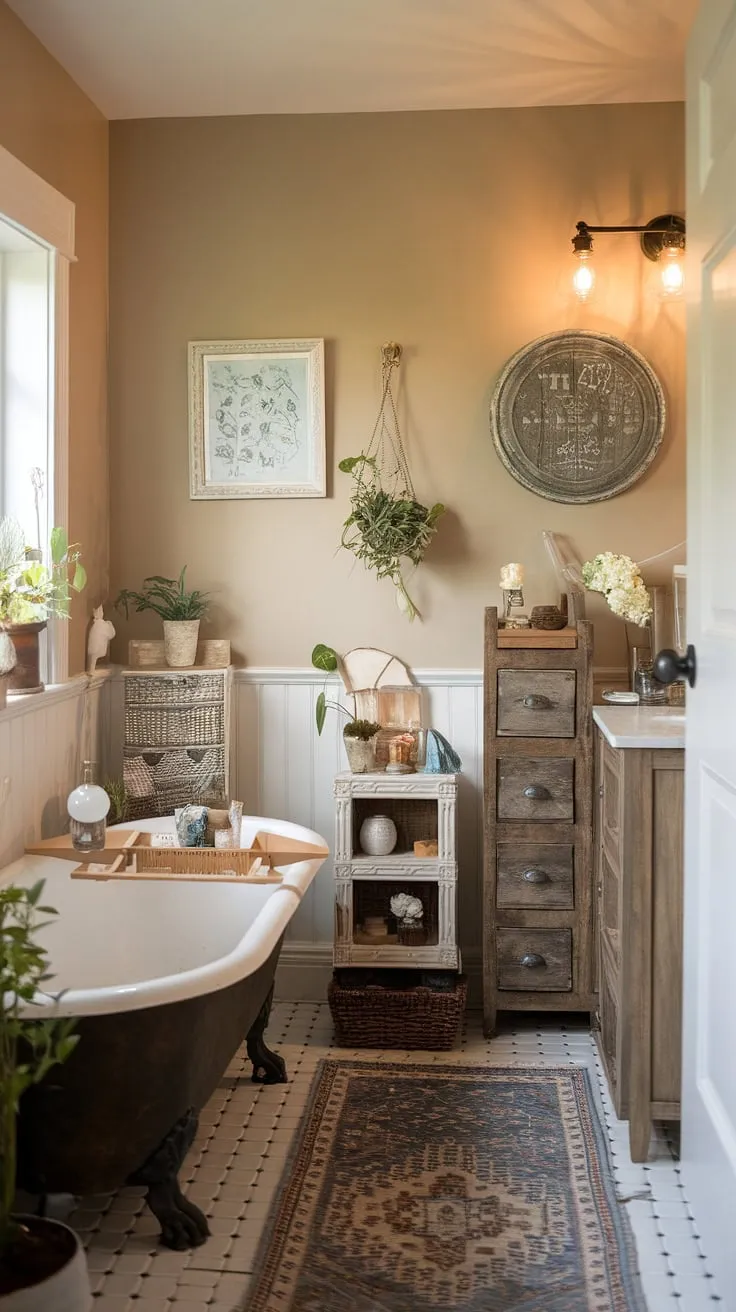 Warm lighting and charming vintage details transform a small cottage bathroom into a cozy farmhouse retreat.