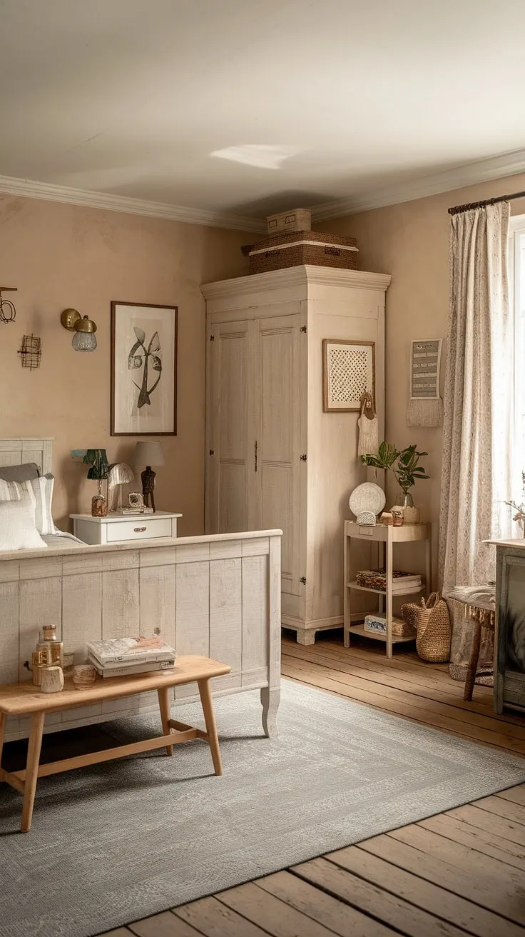 Neutral tones and wooden accents create a peaceful French country bedroom.
