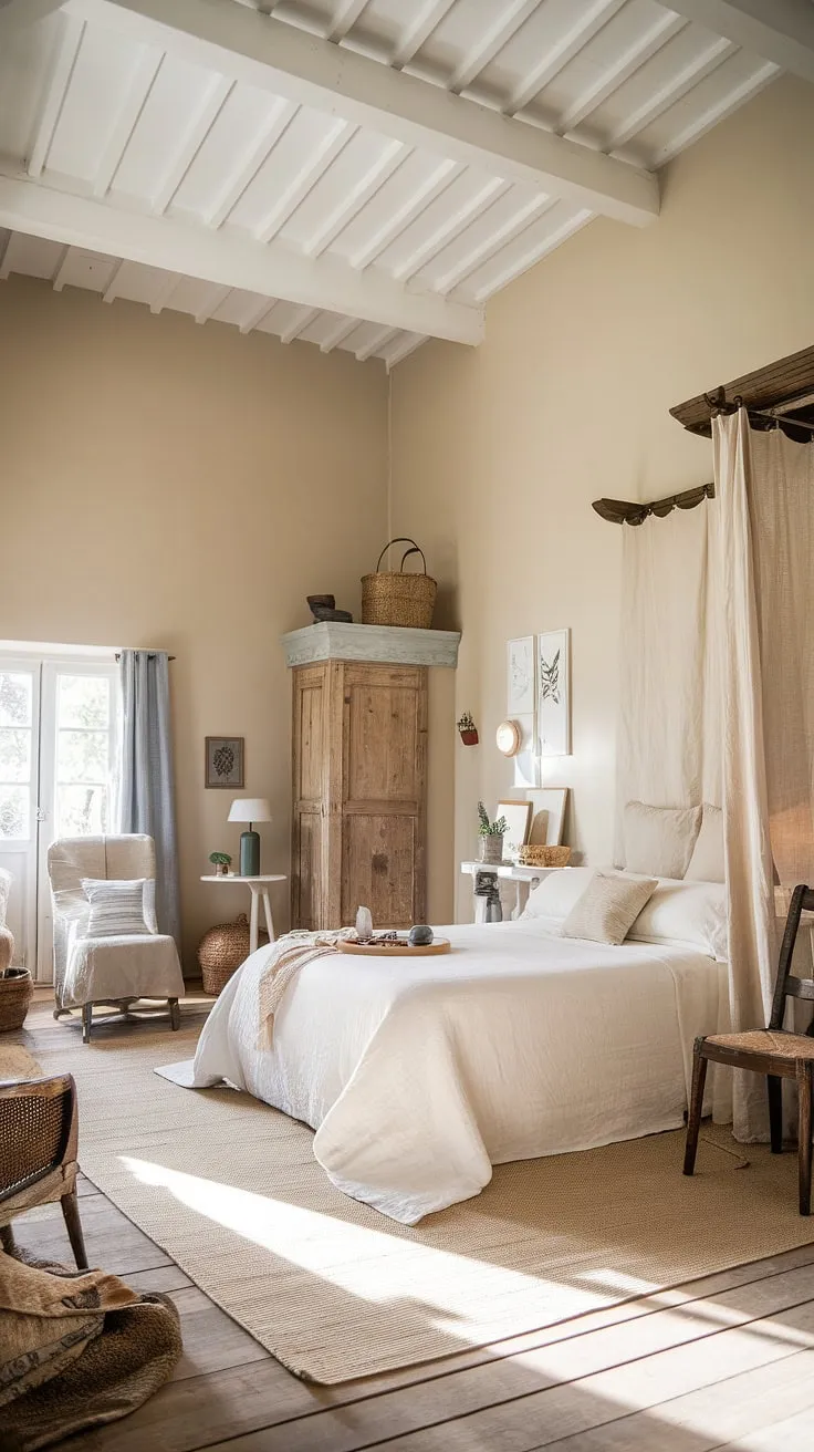 Sunlight streams into a charming cottage bedroom, its high ceiling and neutral palette complemented by vintage wooden furniture and cozy textiles.