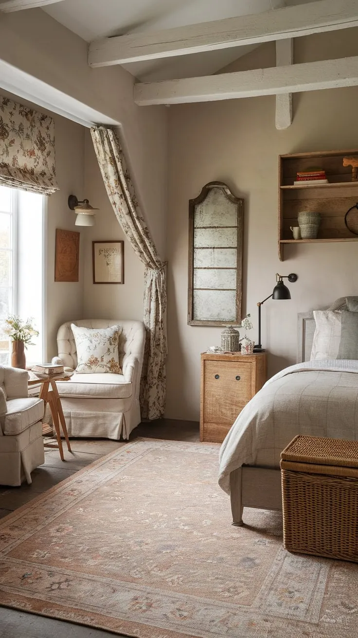 A charming cottage bedroom offers a cozy retreat with a queen bed, wooden furniture, and a delightful reading nook.
