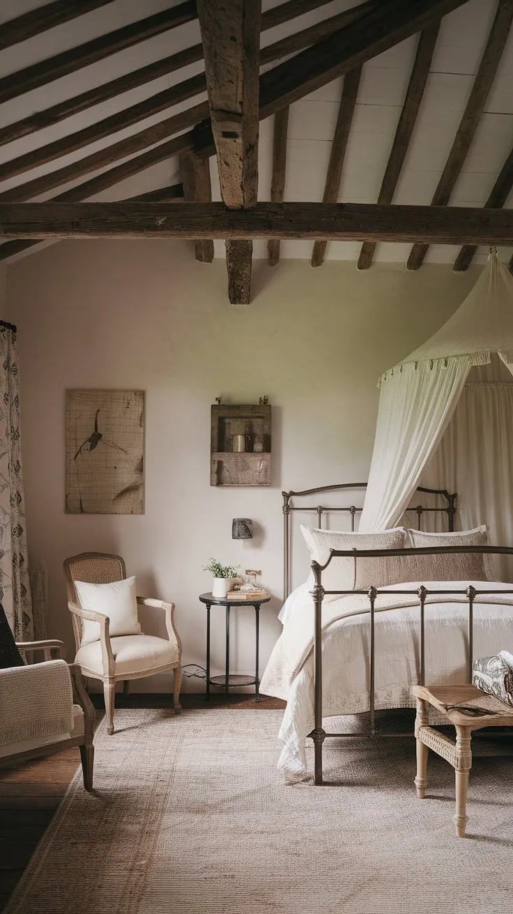 A white-canopied bed and wooden beams create a peaceful French cottage retreat.
