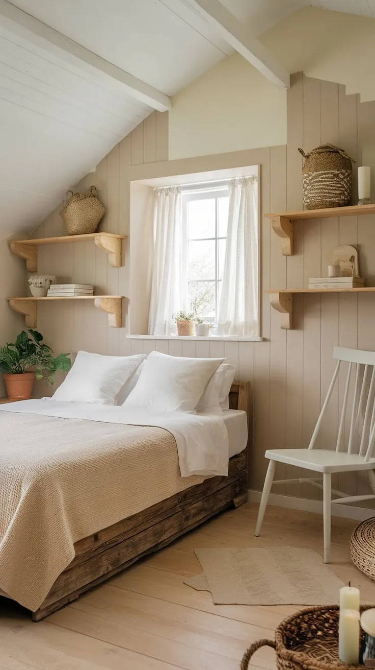 Neutral tones and simple wooden accents create a serene country cottage bedroom atmosphere