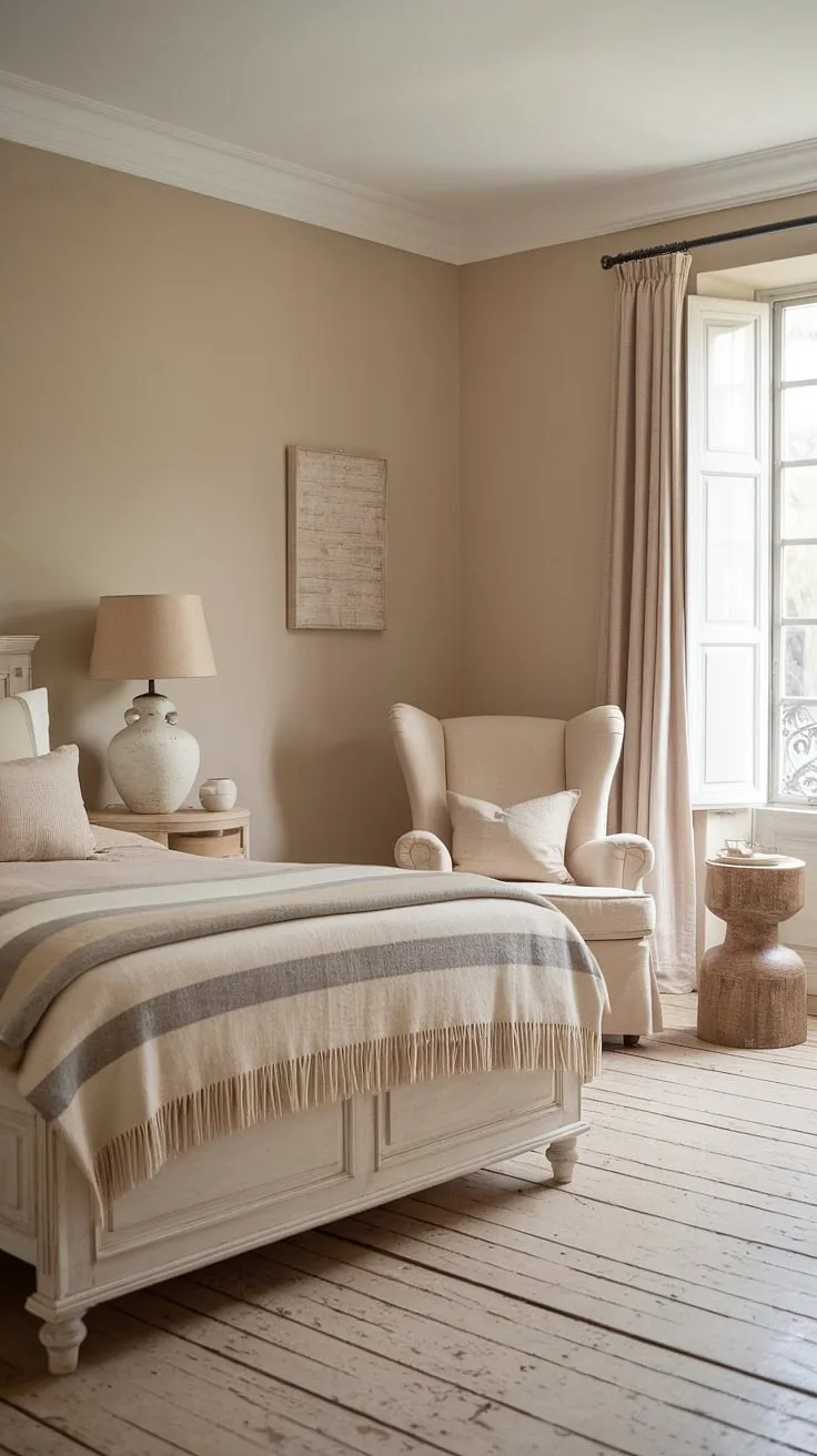 Cozy French country charm fills this cottage bedroom, featuring a queen bed and calming neutral tones.