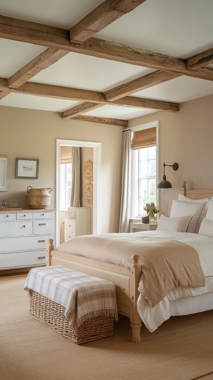 Beige walls and white furniture highlight the wooden floors and exposed beams in this charming country bedroom.