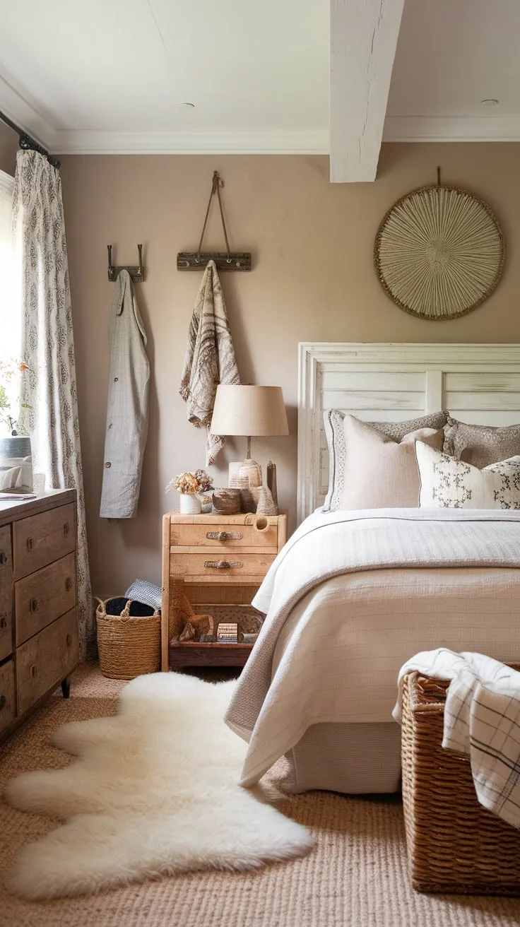 Beige walls and white accents create a calming atmosphere in this cozy cottage bedroom, perfect for relaxation.