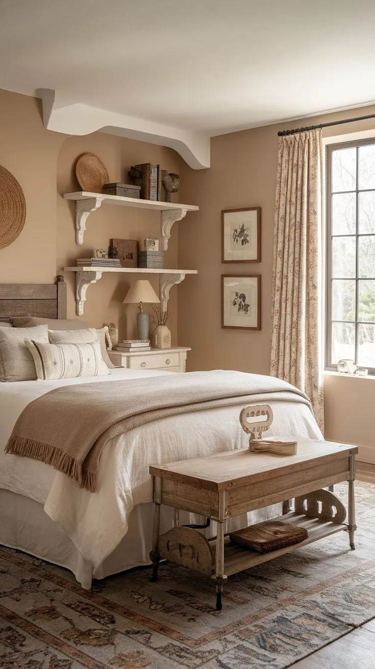 Sunlight streams into a charming French cottage bedroom featuring a queen bed and neutral décor