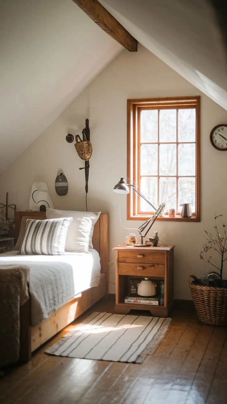 Natural light floods a charming French cottage bedroom with a low ceiling and simple wooden furnishings
