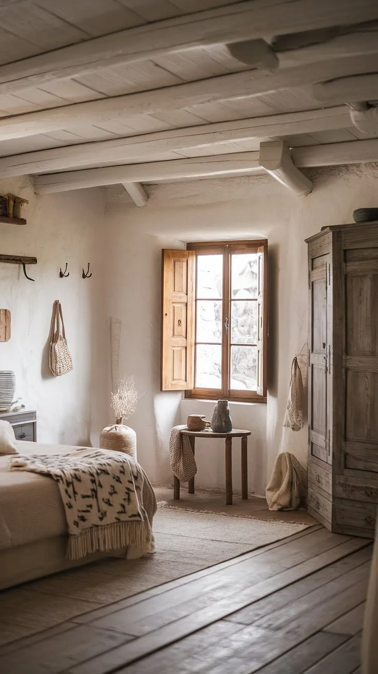 Neutral tones and simple wooden furnishings create a peaceful and inviting sleeping space.