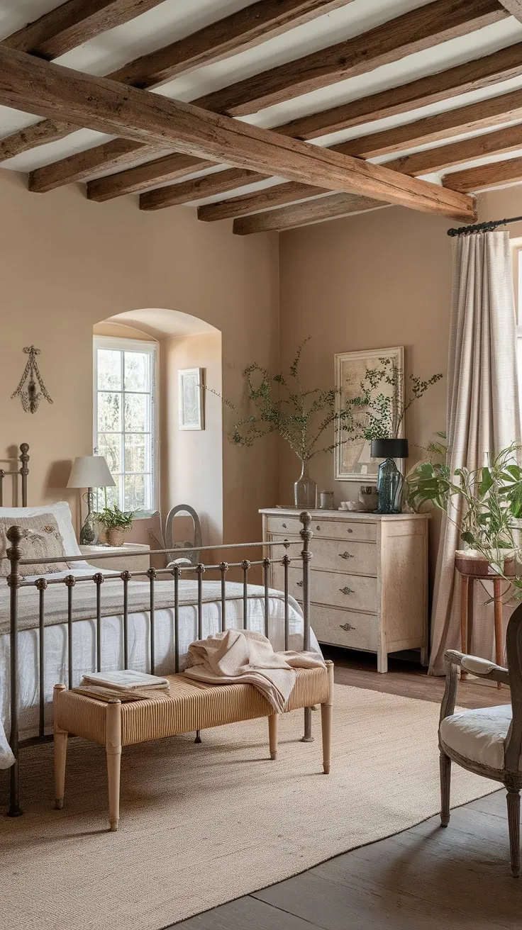 Rustic charm fills a French cottage bedroom, its neutral palette warmed by wooden beams, wrought iron, and vintage details.