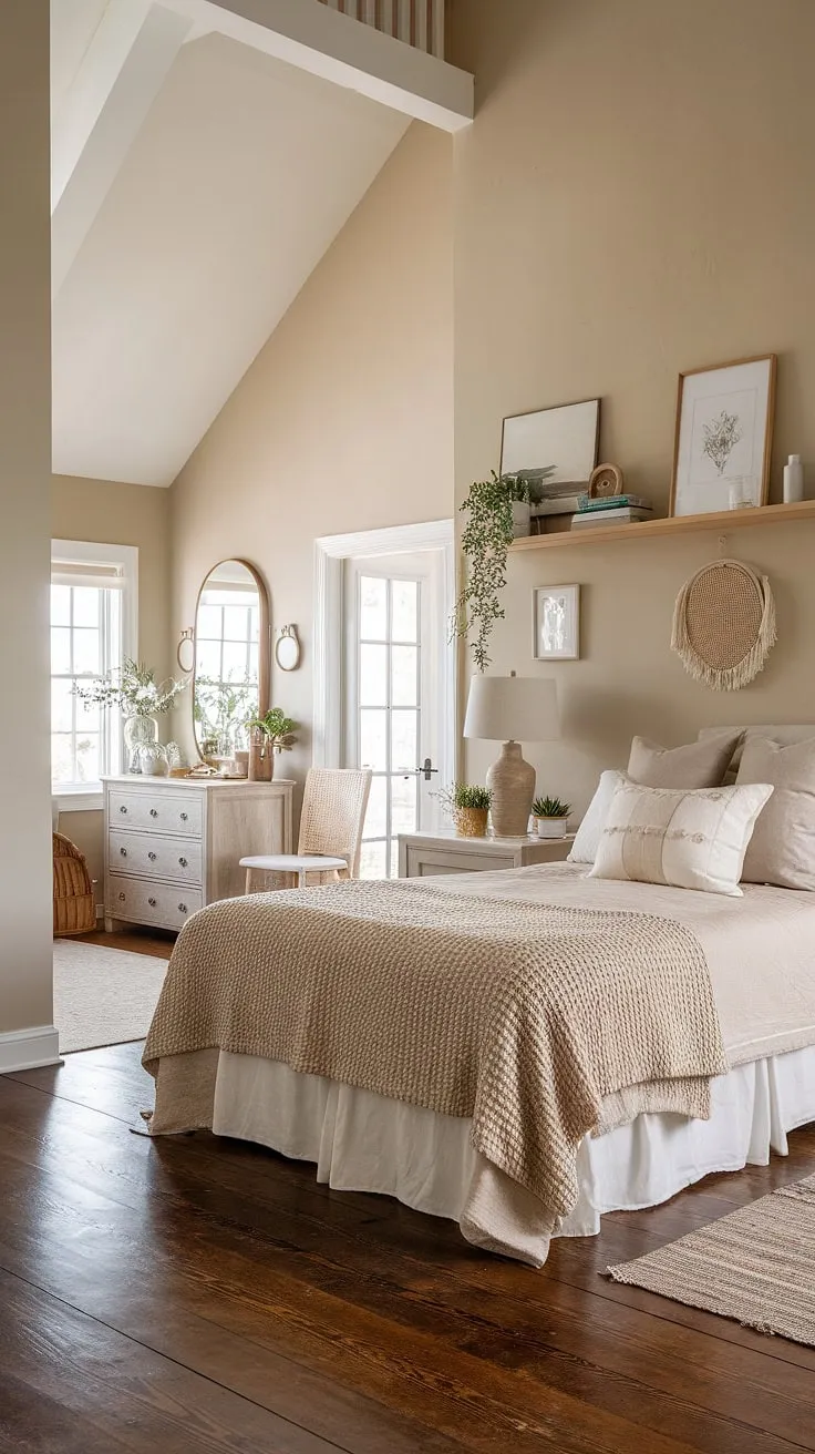 Sunlight streams into a cozy cottage bedroom featuring a queen bed and country-inspired décor