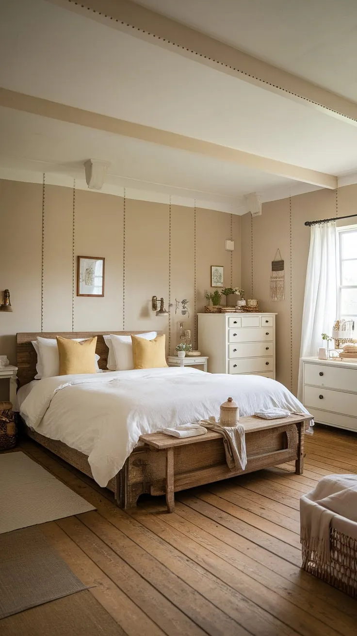 Cozy beige walls and wooden accents create a charming country cottage bedroom.