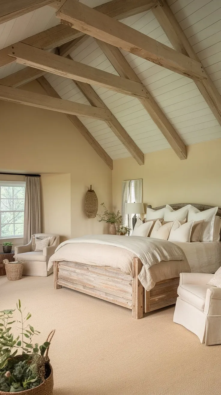 Earthy tones and wood accents create a tranquil cottage bedroom retreat.