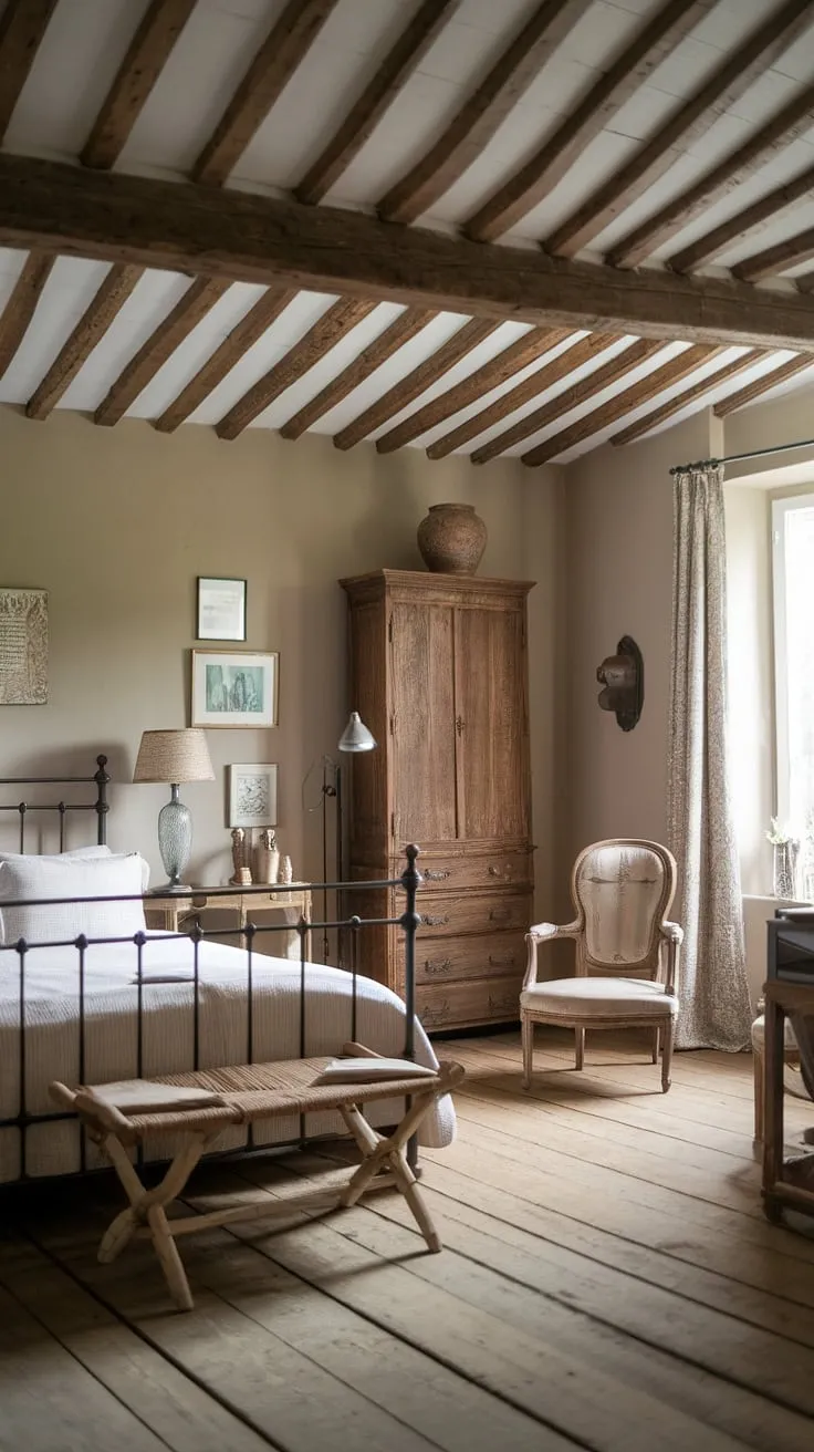 Beige walls and wooden floors complement the vintage furniture in this cozy French bedroom retreat.