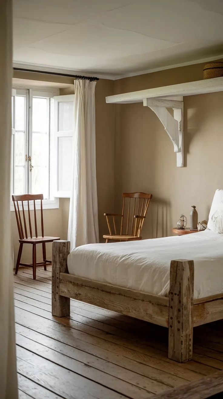 A charming French cottage bedroom, painted in neutral tones, offers a peaceful retreat.