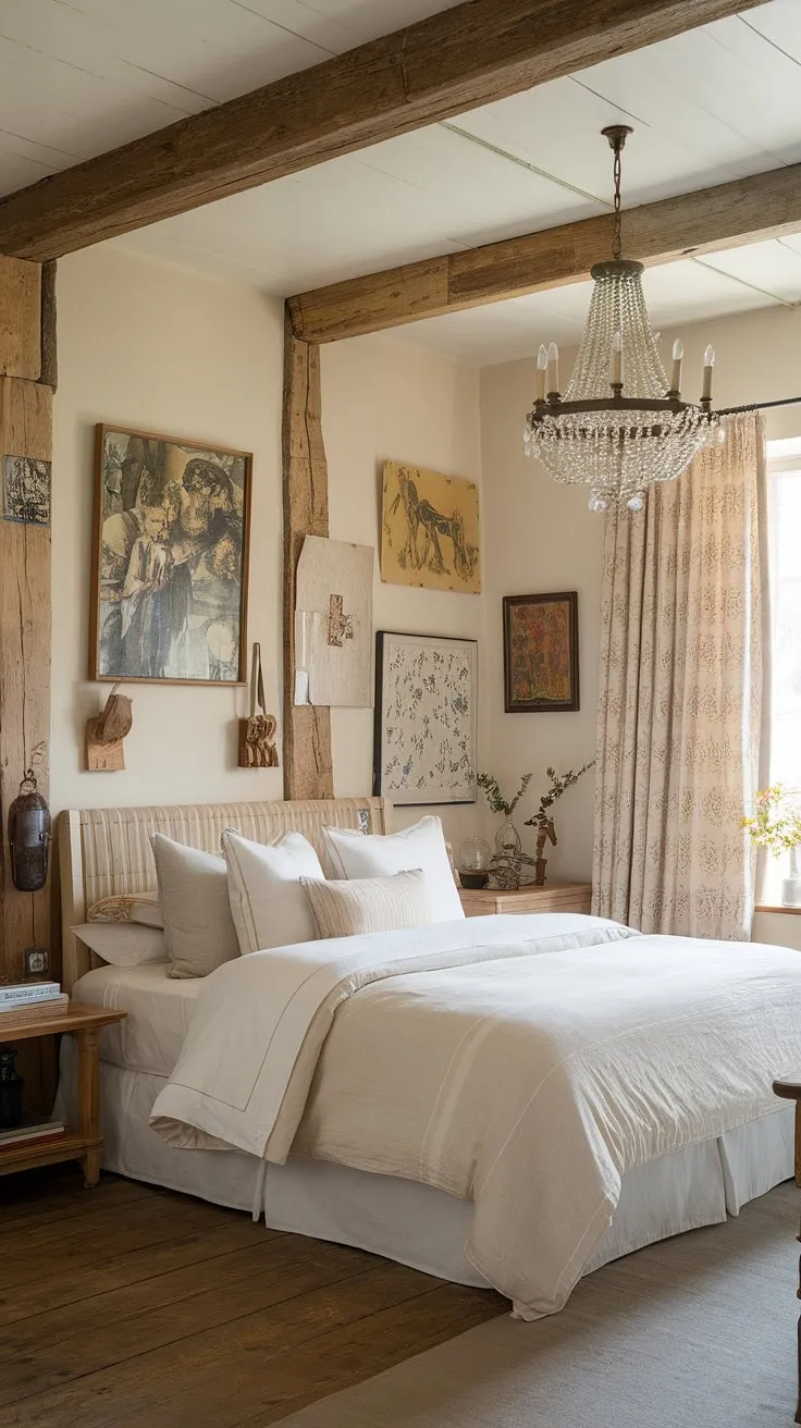 A charming cottage bedroom, featuring vintage art and a wooden bed, exudes cozy country elegance