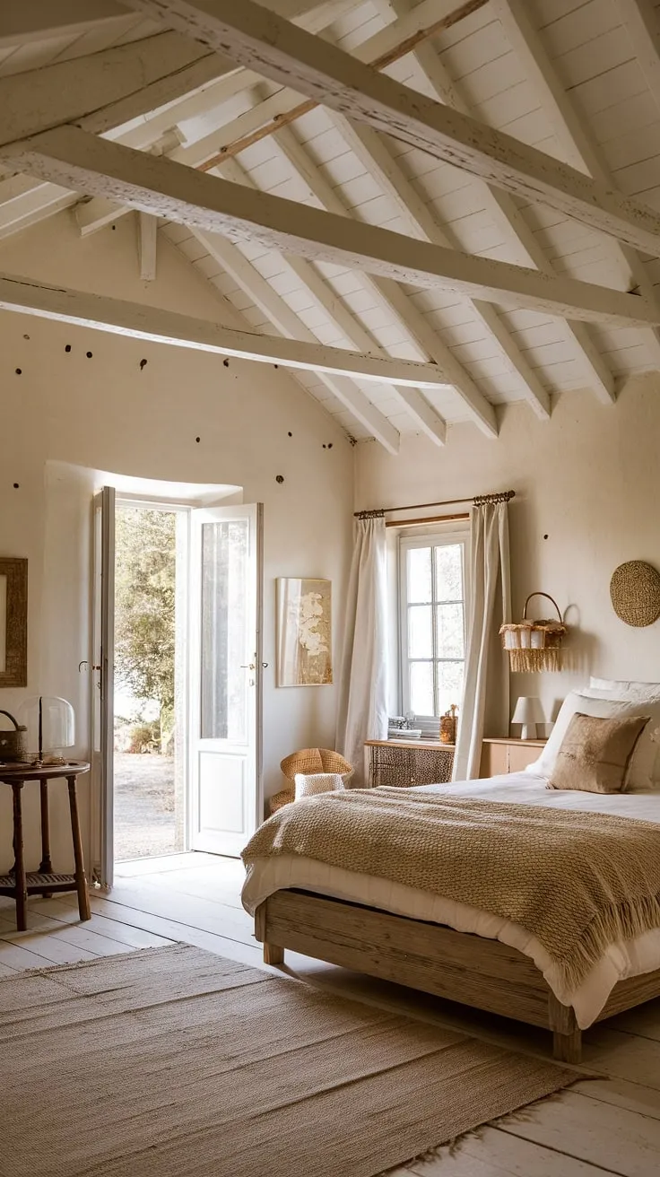 Rustic charm fills a French cottage bedroom with high ceilings, exposed beams, and a cozy wooden bed.