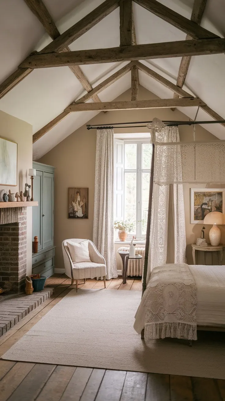 Elegant French country charm fills a high-ceilinged bedroom with exposed beams, a fireplace, and delicate details.
