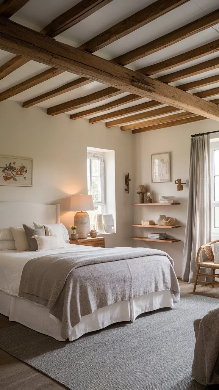 Neutral tones and wooden elements create a peaceful cottage-style haven in this French-inspired bedroom.