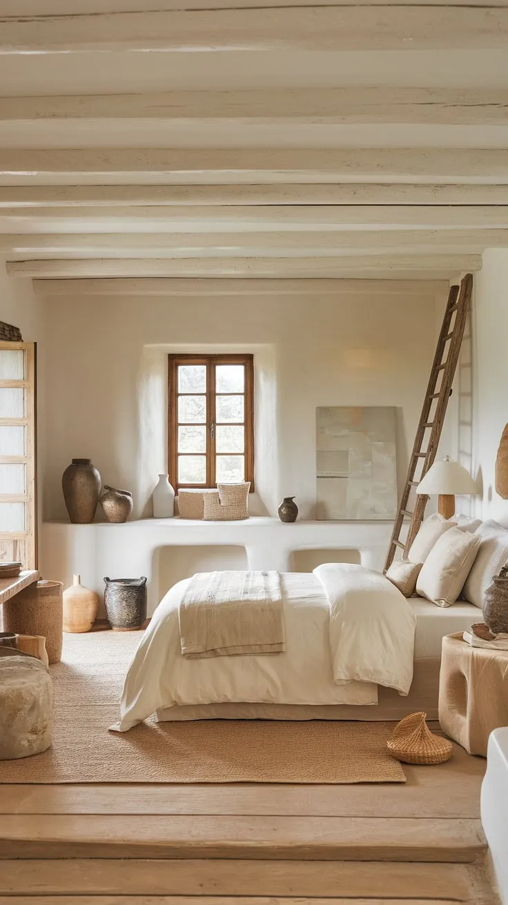 Rustic charm fills this cottage bedroom, its neutral palette and natural materials creating a peaceful retreat.