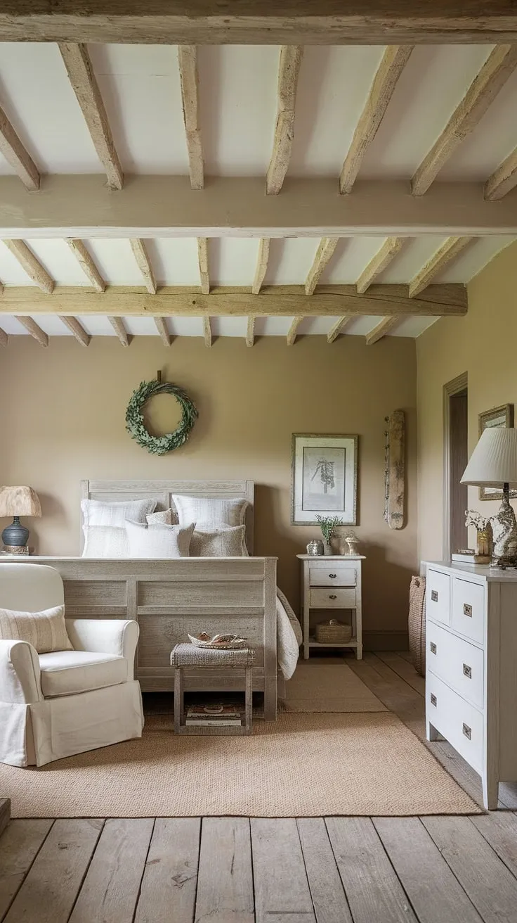 A charming cottage bedroom in neutral tones offers a cozy and peaceful retreat