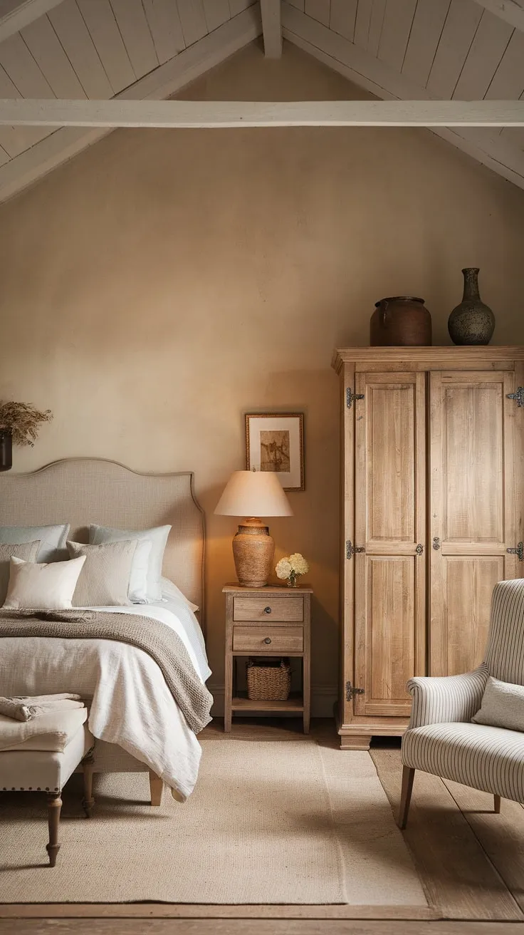 A high-ceilinged country bedroom offers a warm and inviting neutral retreat