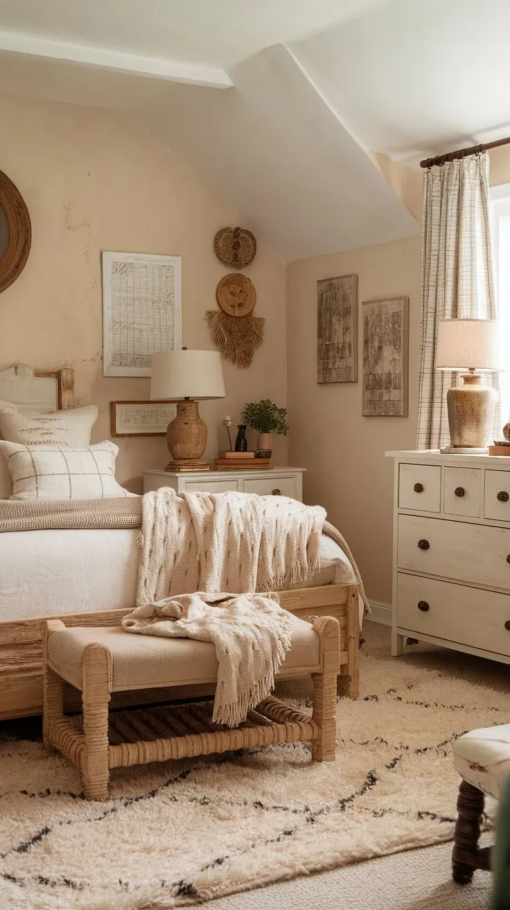 Cozy rustic charm fills this cottage bedroom, its neutral palette and wooden accents creating a peaceful retreat.